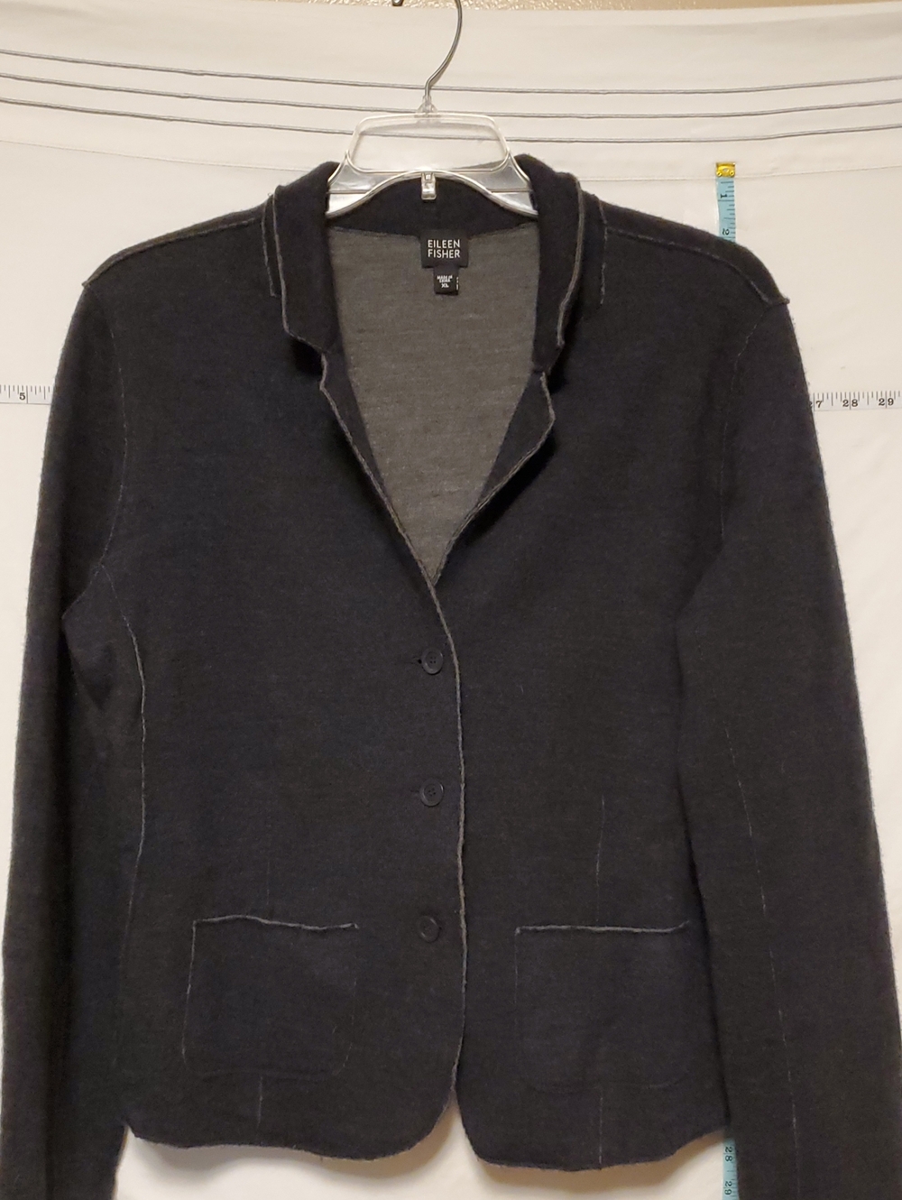 Eileen Fisher Black Merino Wool Button Jacket Raw Hem XL Capsule Lagenlook